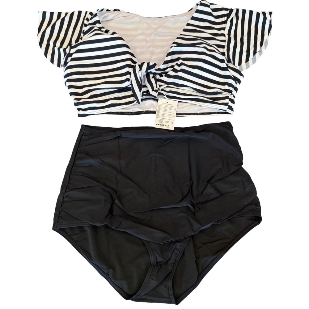 COCOSHIP Women Retro Ruched High Waist Bikini Set Tie Front Striped Swimsuit 12